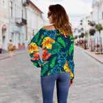 Hibiscus Monstera Hawaii Pattern Print Off Shoulder Sweatshirt GearFrost