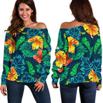 Hibiscus Monstera Hawaii Pattern Print Off Shoulder Sweatshirt GearFrost