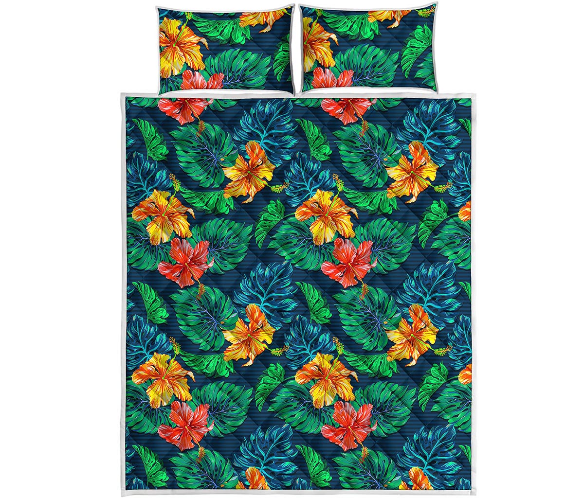 Hibiscus Monstera Hawaii Pattern Print Quilt Bed Set