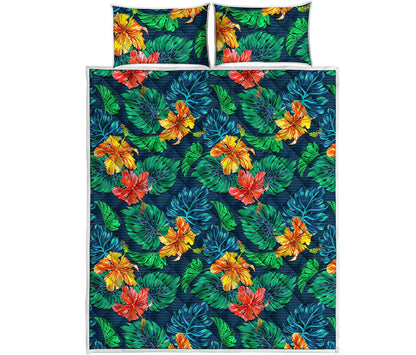 Hibiscus Monstera Hawaii Pattern Print Quilt Bed Set