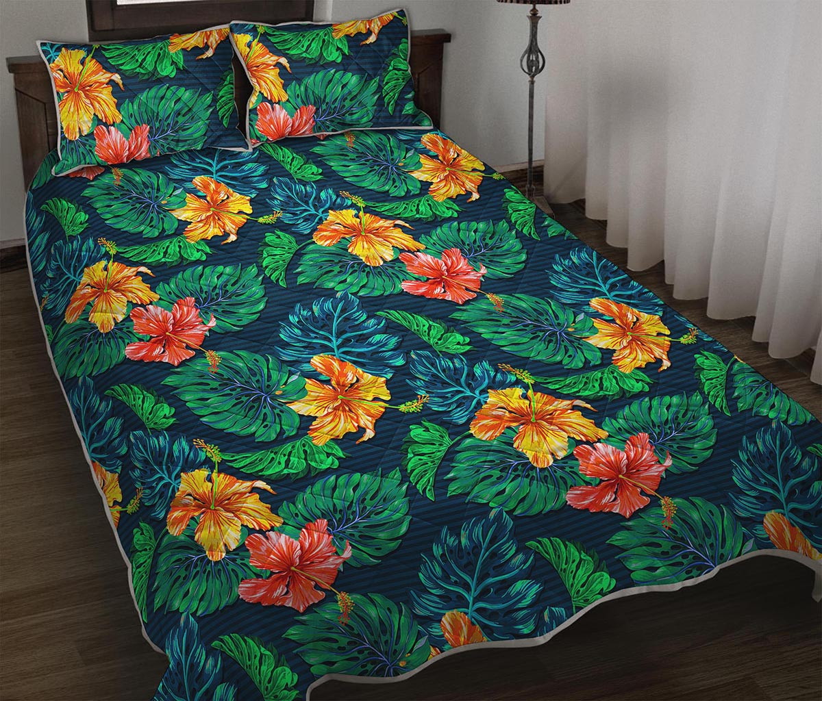 Hibiscus Monstera Hawaii Pattern Print Quilt Bed Set