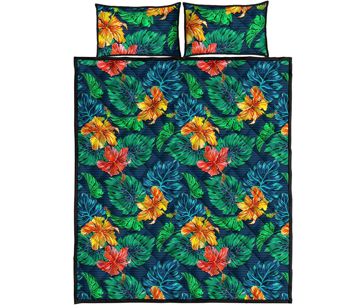Hibiscus Monstera Hawaii Pattern Print Quilt Bed Set