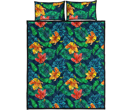 Hibiscus Monstera Hawaii Pattern Print Quilt Bed Set