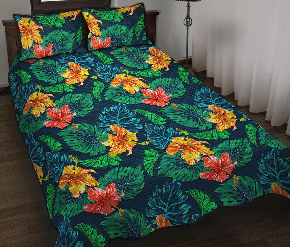 Hibiscus Monstera Hawaii Pattern Print Quilt Bed Set