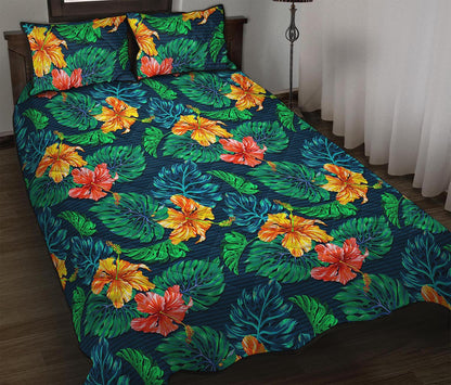 Hibiscus Monstera Hawaii Pattern Print Quilt Bed Set