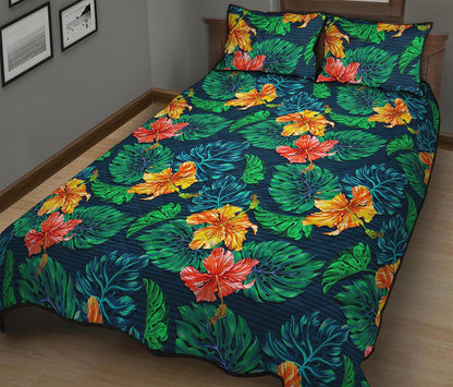 Hibiscus Monstera Hawaii Pattern Print Quilt Bed Set