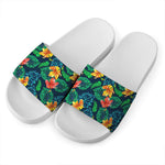 Hibiscus Monstera Hawaii Pattern Print White Slide Sandals