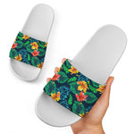 Hibiscus Monstera Hawaii Pattern Print White Slide Sandals