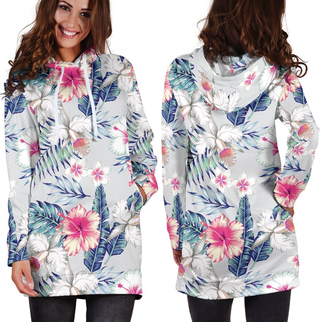 Hibiscus Orchids Hawaii Pattern Print Hoodie Dress GearFrost