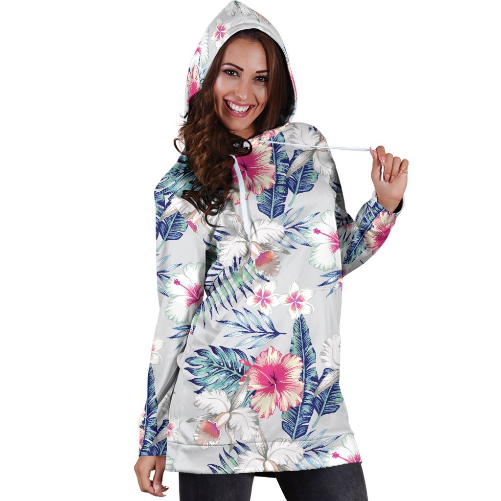 Hibiscus Orchids Hawaii Pattern Print Hoodie Dress GearFrost