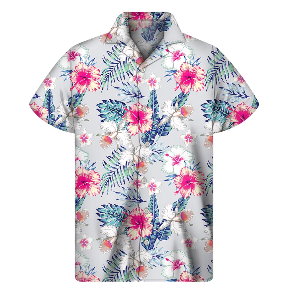 Hibiscus Orchids Hawaii Pattern Print Men's Short Sleeve Shirt