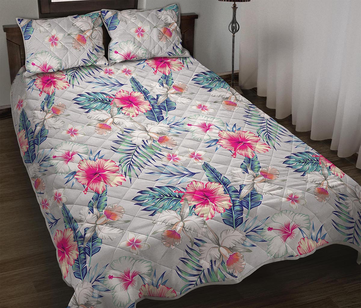 Hibiscus Orchids Hawaii Pattern Print Quilt Bed Set