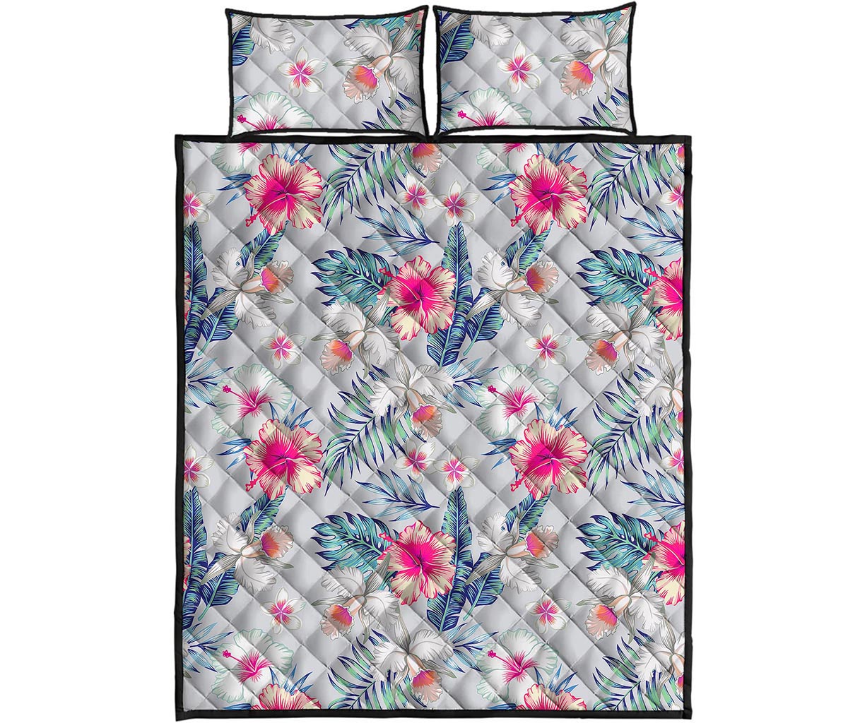Hibiscus Orchids Hawaii Pattern Print Quilt Bed Set
