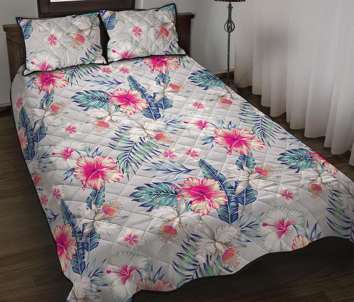 Hibiscus Orchids Hawaii Pattern Print Quilt Bed Set