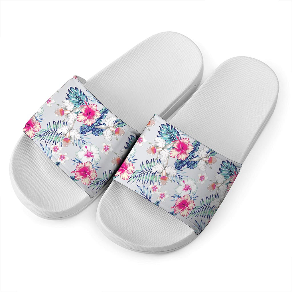 Hibiscus Orchids Hawaii Pattern Print White Slide Sandals