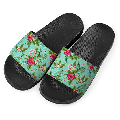 Hibiscus Plumeria Flowers Pattern Print Black Slide Sandals