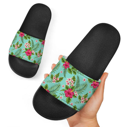 Hibiscus Plumeria Flowers Pattern Print Black Slide Sandals