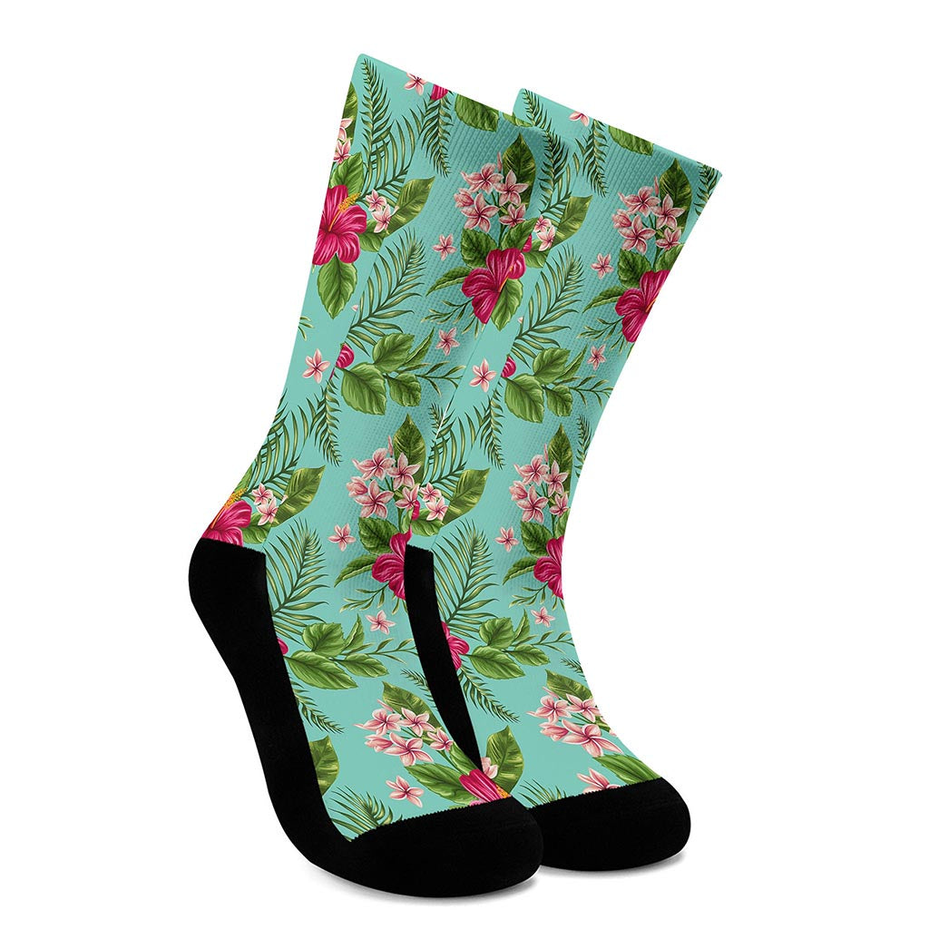 Hibiscus Plumeria Flowers Pattern Print Crew Socks
