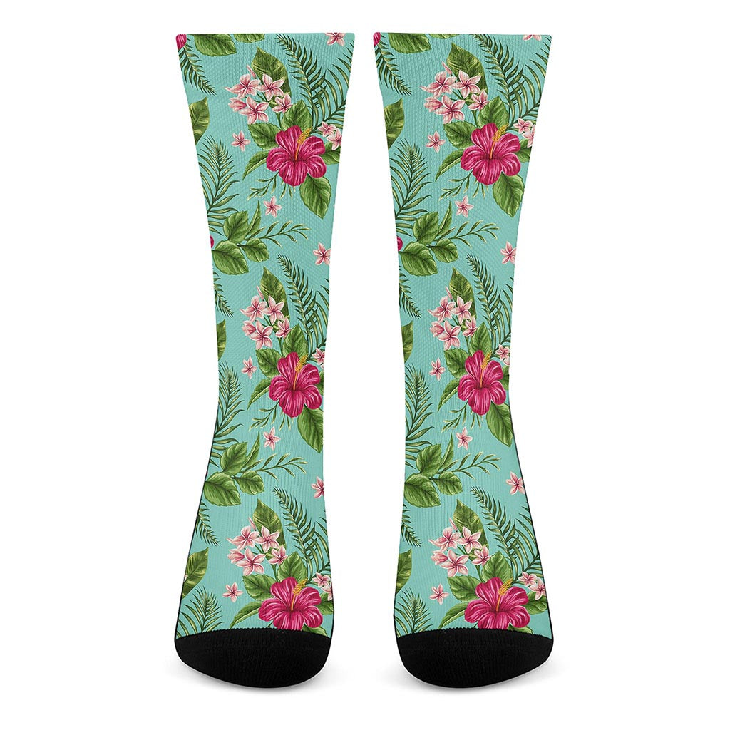 Hibiscus Plumeria Flowers Pattern Print Crew Socks