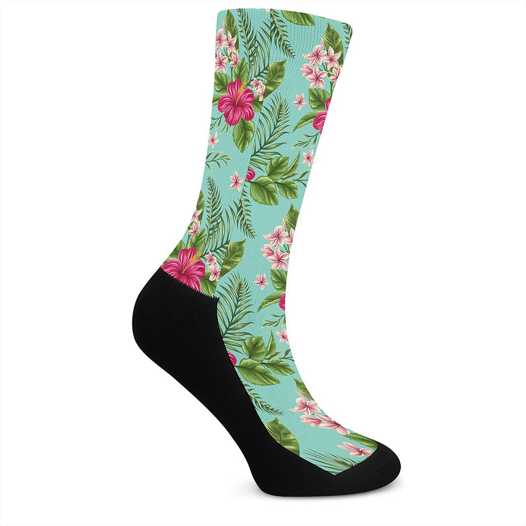 Hibiscus Plumeria Flowers Pattern Print Crew Socks