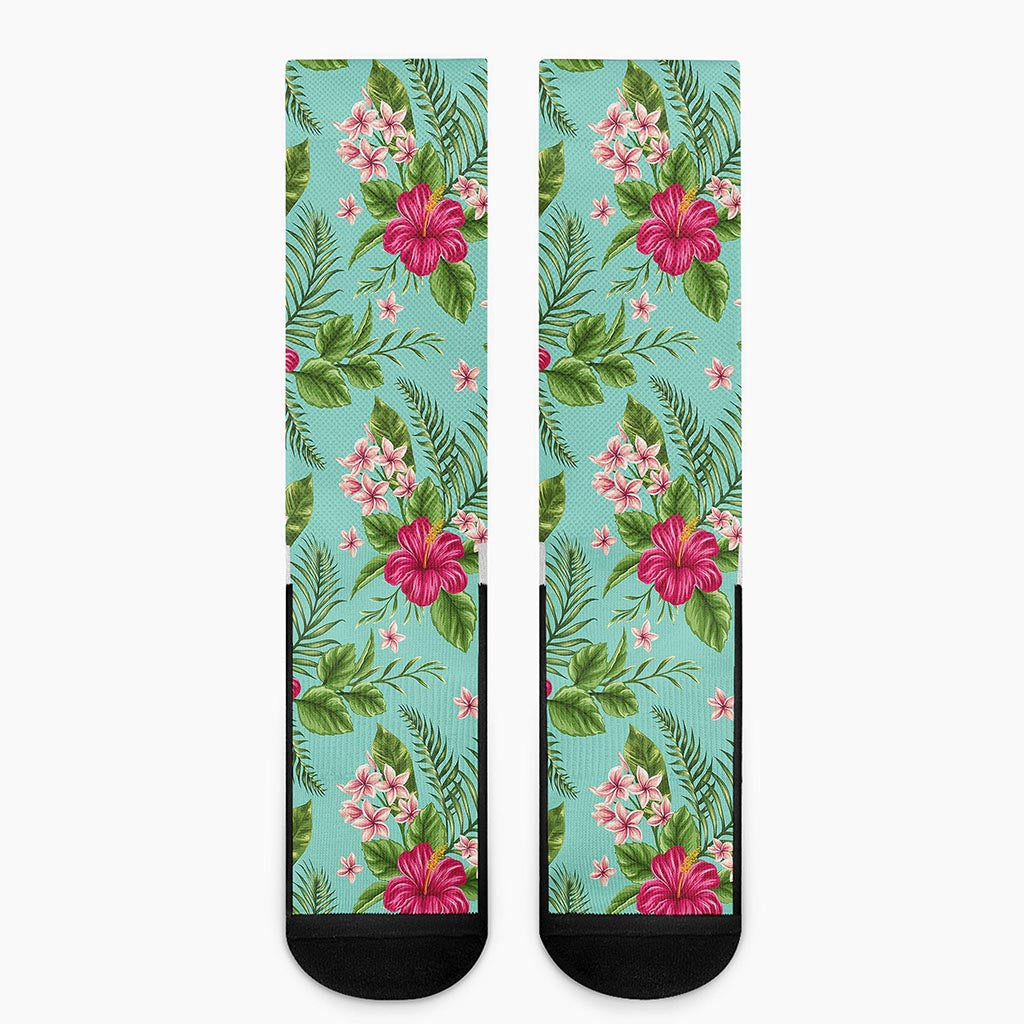 Hibiscus Plumeria Flowers Pattern Print Crew Socks