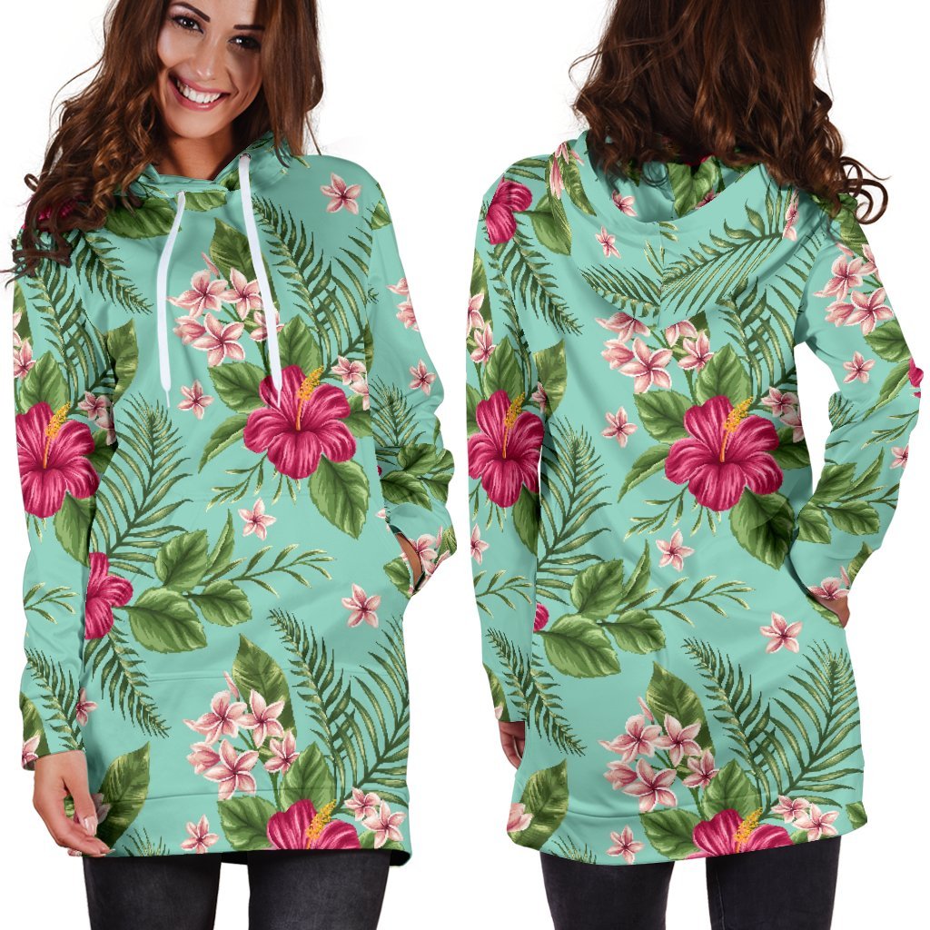 Hibiscus Plumeria Flowers Pattern Print Hoodie Dress GearFrost