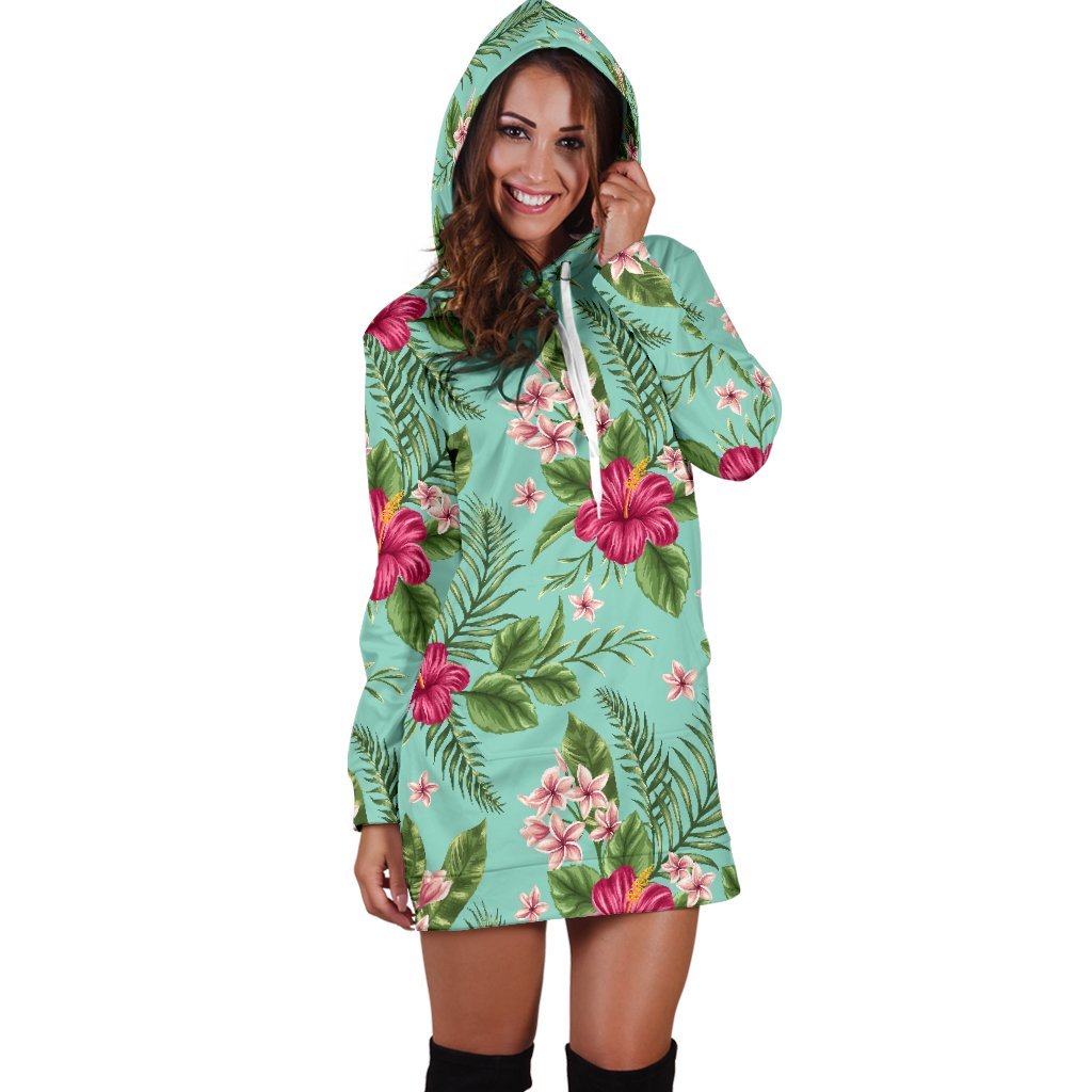 Hibiscus Plumeria Flowers Pattern Print Hoodie Dress GearFrost