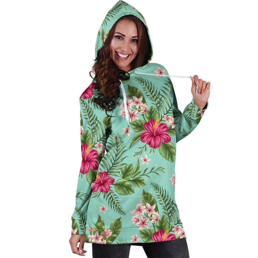 Hibiscus Plumeria Flowers Pattern Print Hoodie Dress GearFrost