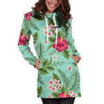 Hibiscus Plumeria Flowers Pattern Print Hoodie Dress GearFrost