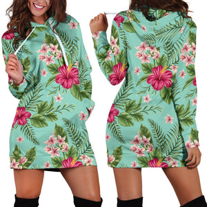 Hibiscus Plumeria Flowers Pattern Print Hoodie Dress GearFrost