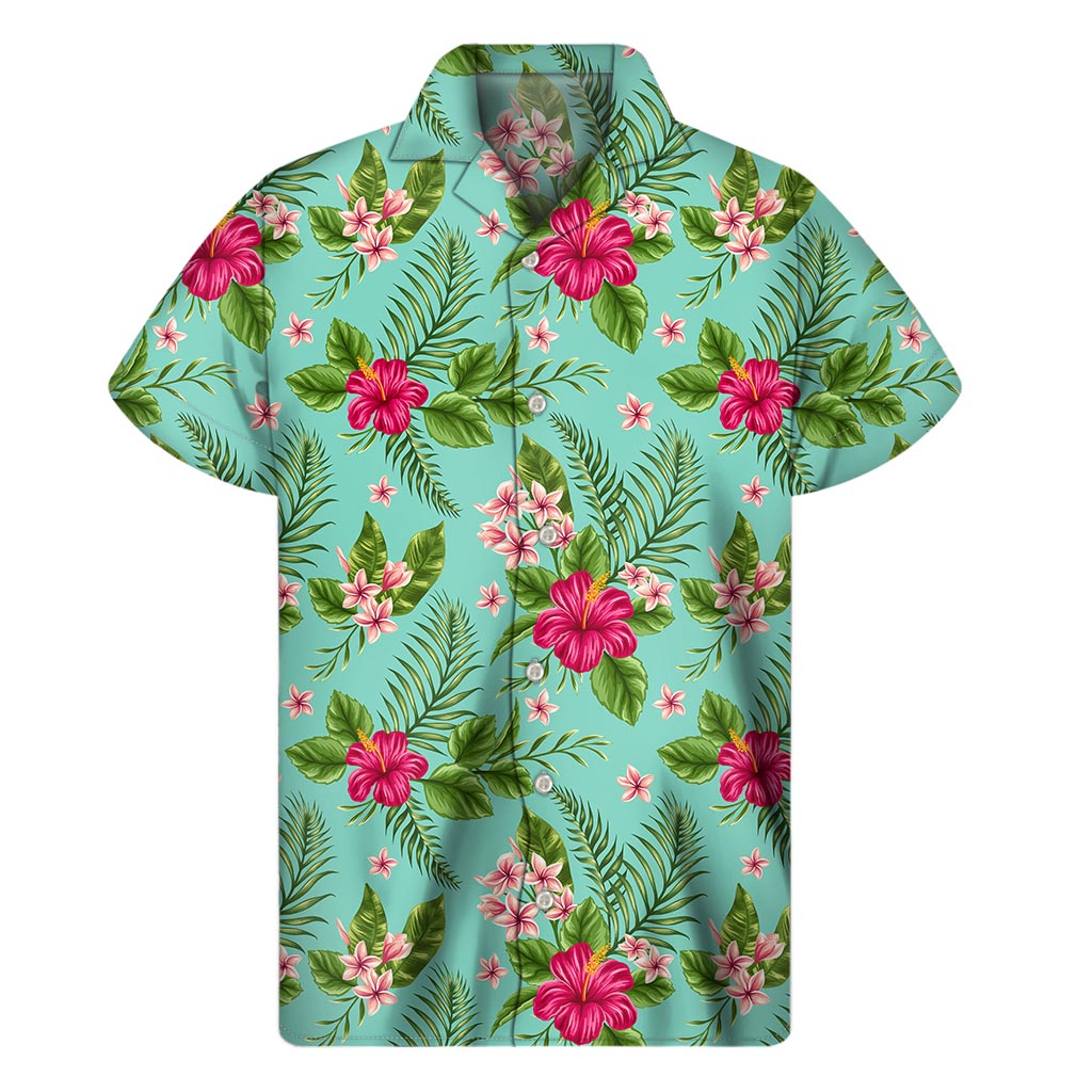 Hibiscus Plumeria Flowers Pattern Print Men's Short Sleeve Shirt