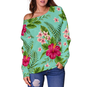 Hibiscus Plumeria Flowers Pattern Print Off Shoulder Sweatshirt GearFrost