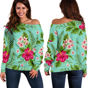 Hibiscus Plumeria Flowers Pattern Print Off Shoulder Sweatshirt GearFrost