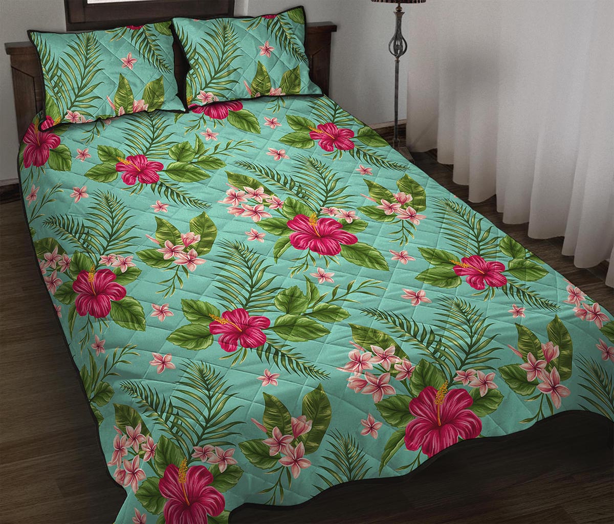 Hibiscus Plumeria Flowers Pattern Print Quilt Bed Set