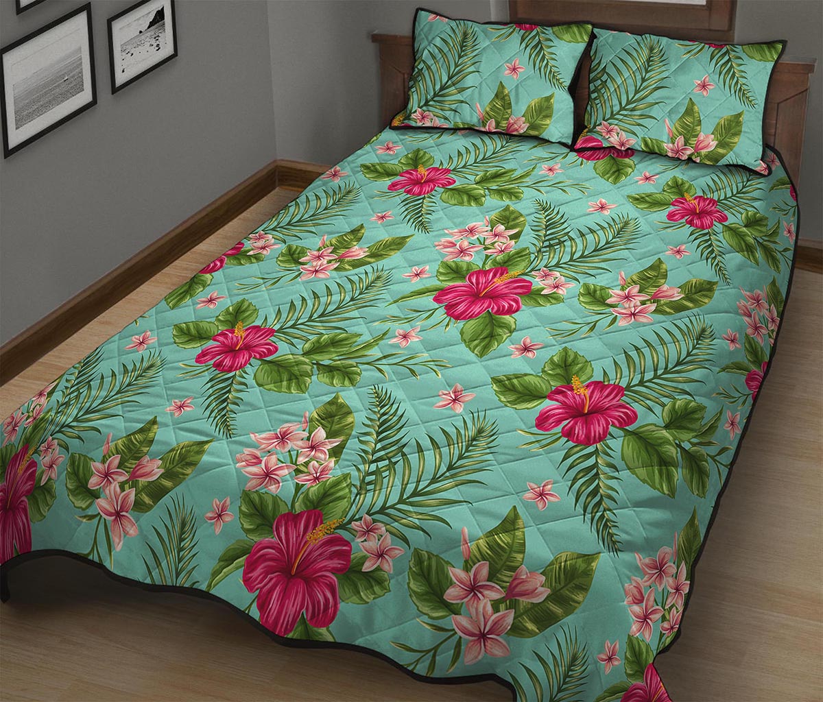 Hibiscus Plumeria Flowers Pattern Print Quilt Bed Set