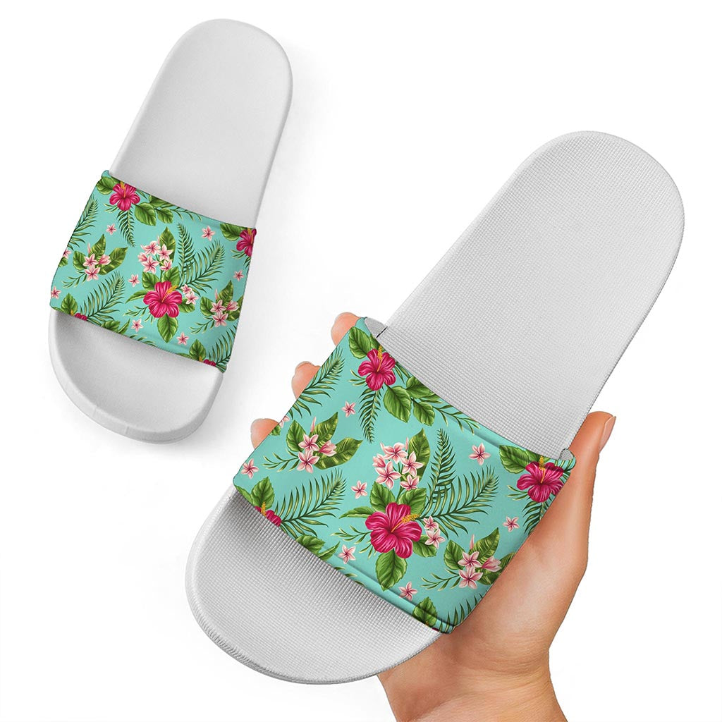 Hibiscus Plumeria Flowers Pattern Print White Slide Sandals