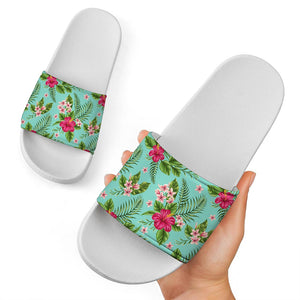 Hibiscus Plumeria Flowers Pattern Print White Slide Sandals