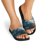 Himalaya Mountain Print Black Slide Sandals