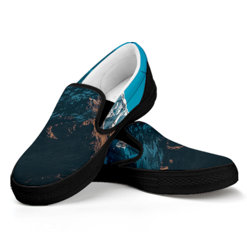 Himalaya Mountain Print Black Slip On Shoes