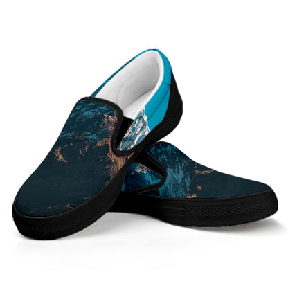 Himalaya Mountain Print Black Slip On Shoes