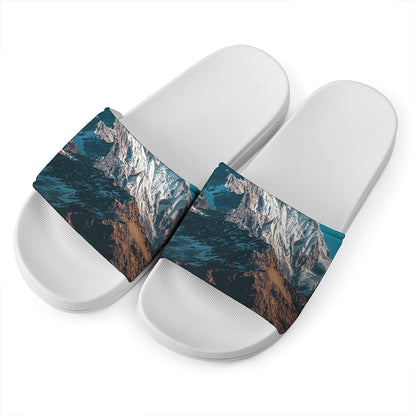 Himalaya Mountain Print White Slide Sandals