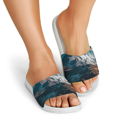 Himalaya Mountain Print White Slide Sandals
