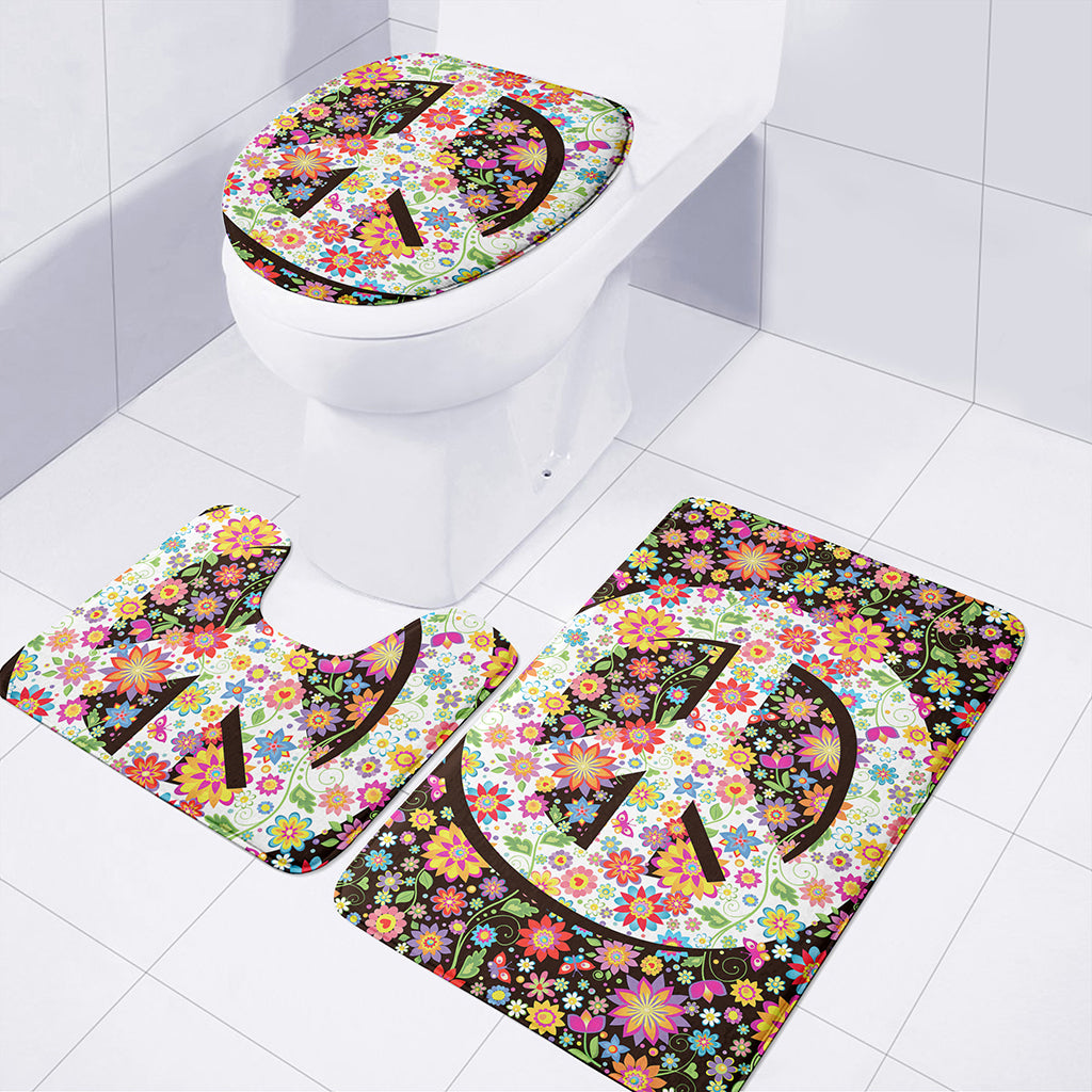 Hippie Flower Peace Sign Print 3 Piece Bath Mat Set