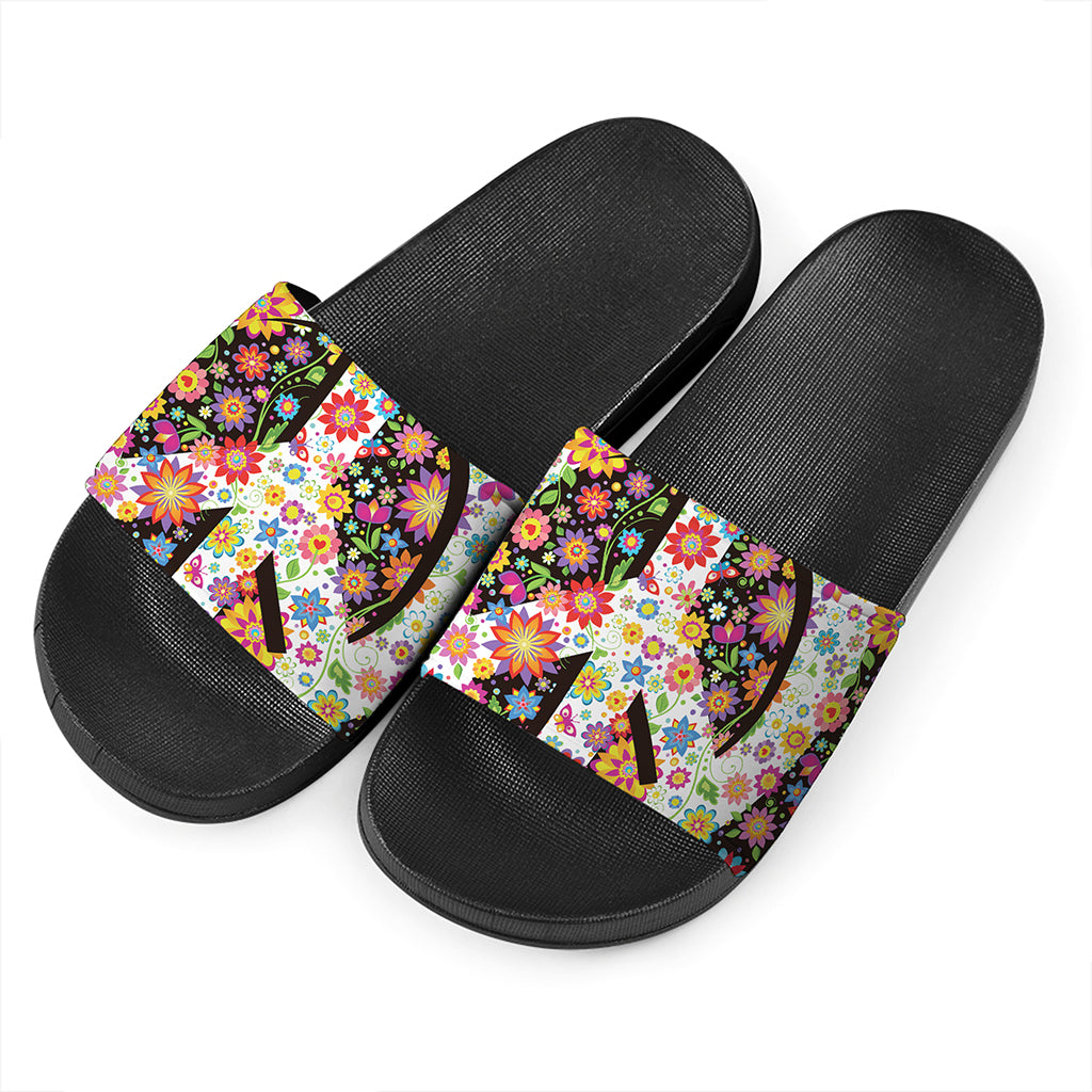 Hippie Flower Peace Sign Print Black Slide Sandals