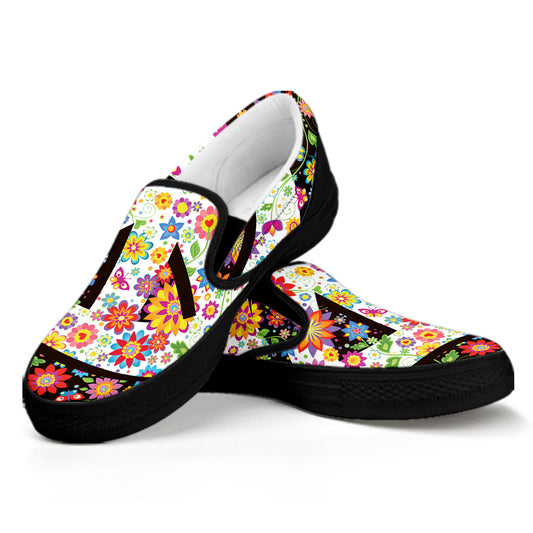 Hippie Flower Peace Sign Print Black Slip On Shoes