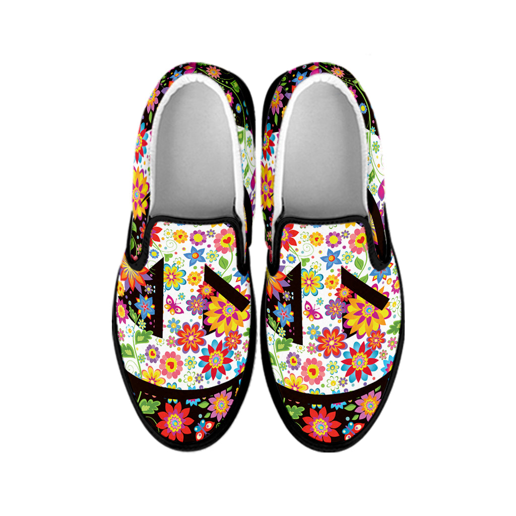 Hippie Flower Peace Sign Print Black Slip On Shoes