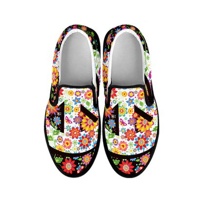 Hippie Flower Peace Sign Print Black Slip On Shoes