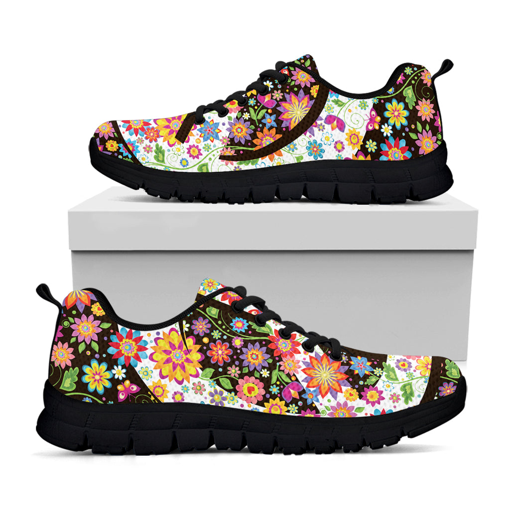 Hippie Flower Peace Sign Print Black Sneakers