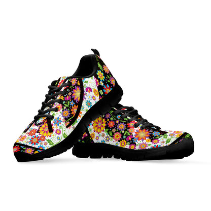 Hippie Flower Peace Sign Print Black Sneakers