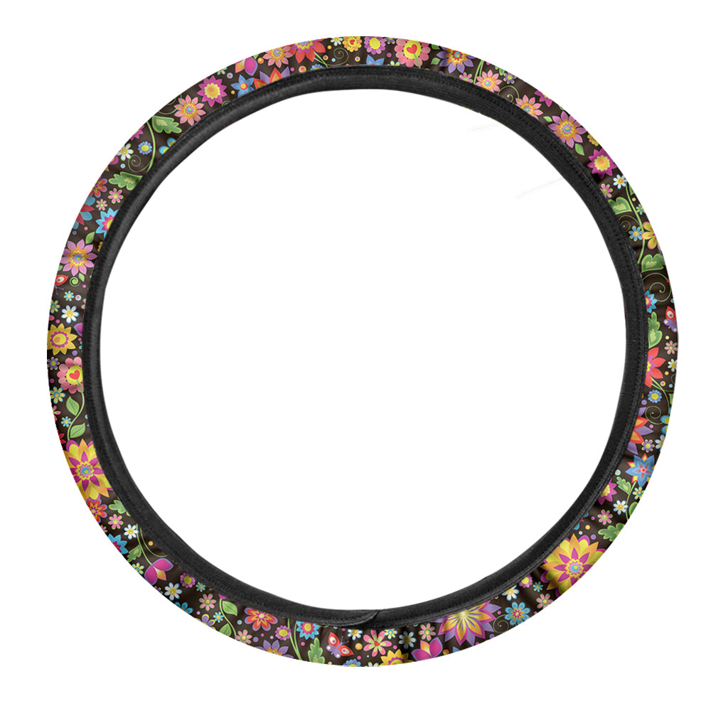 Hippie Flower Peace Sign Print Car Steering Wheel Cover